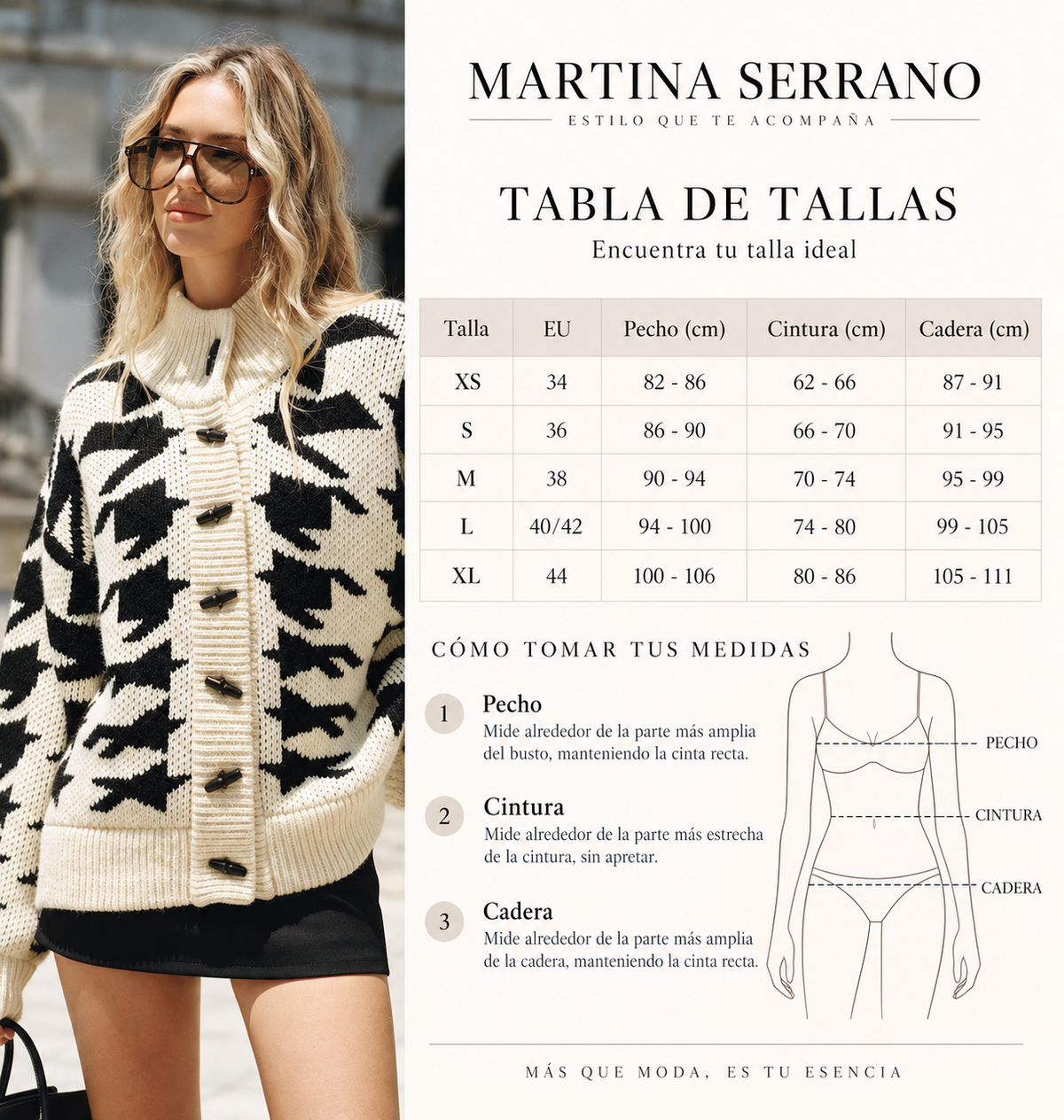 Cárdigan Carmen de punto con botones de cuerno y estampado de pata de gallo