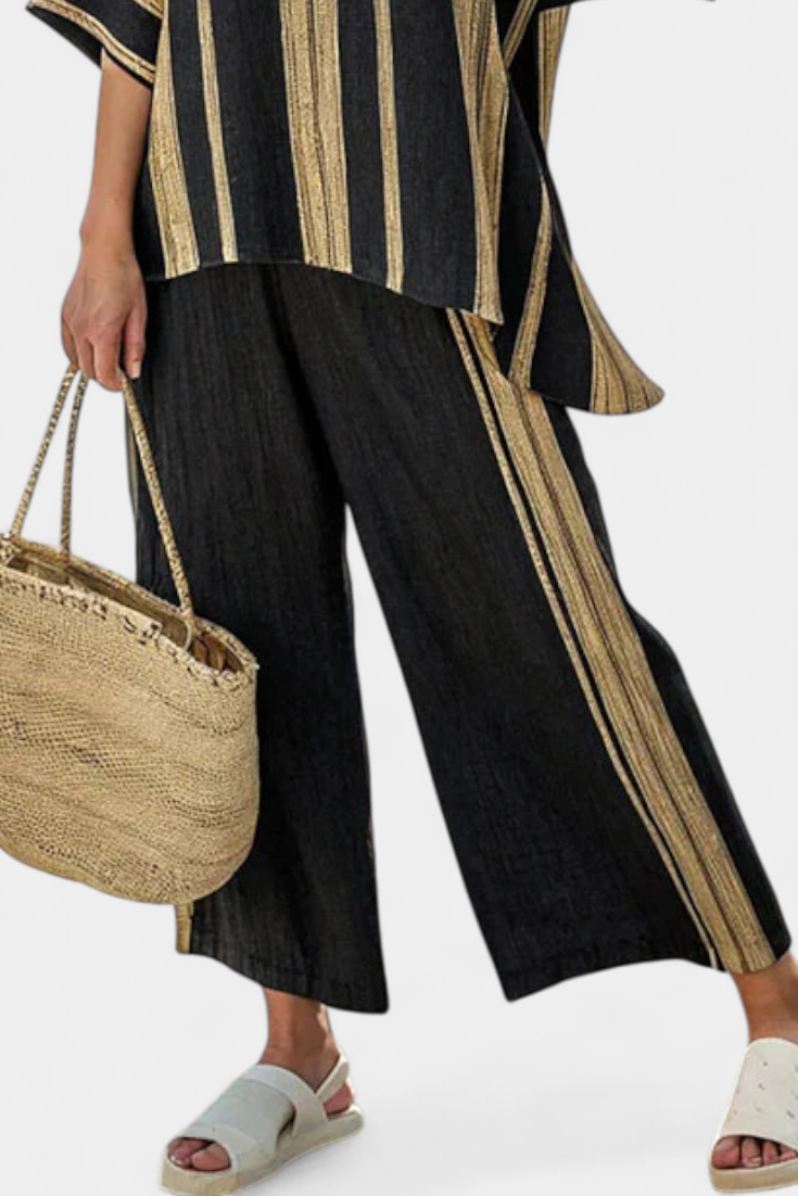 Calden | Conjunto de top cómodo de rayas y corte oversize y pantalones holgados de lino