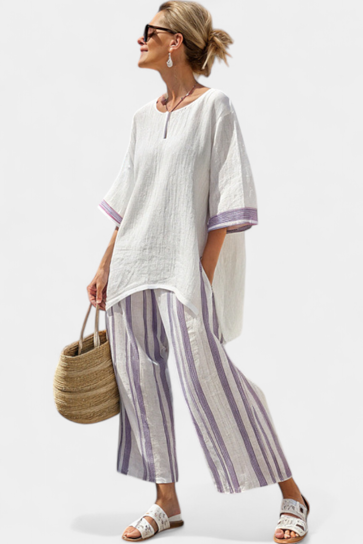 Luxmere | Conjunto de blusa cómoda y holgada y pantalones de bambú a rayas