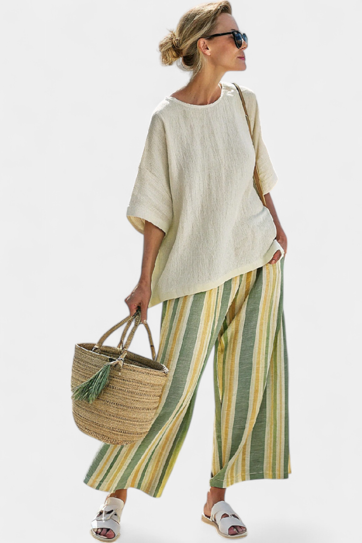 Ellowyn | Conjunto de top sofisticado y pantalones de lino a rayas