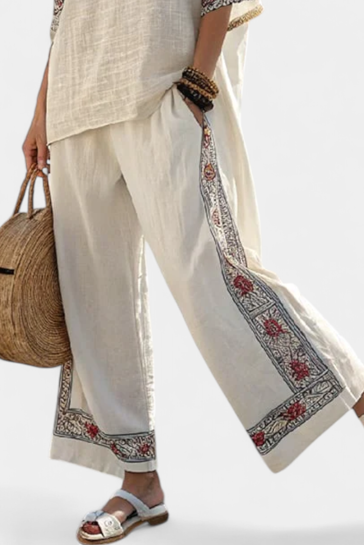 Tameric | Conjunto de sofisticada blusa cruda bordada y pantalones holgados