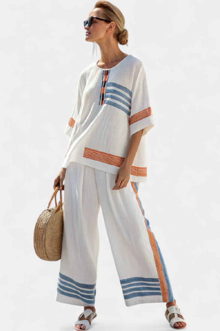 Marcellin | Conjunto de sofisticado top y pantalón de rayas azul-naranja
