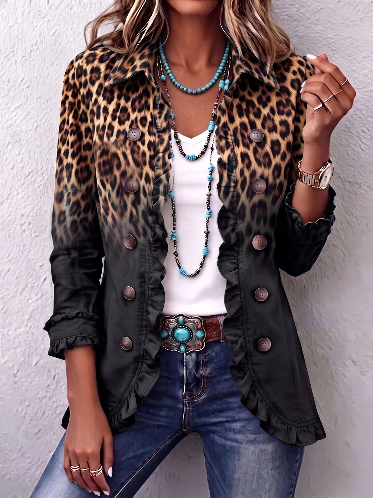 Anna | Blazer de leopardo negro con volantes