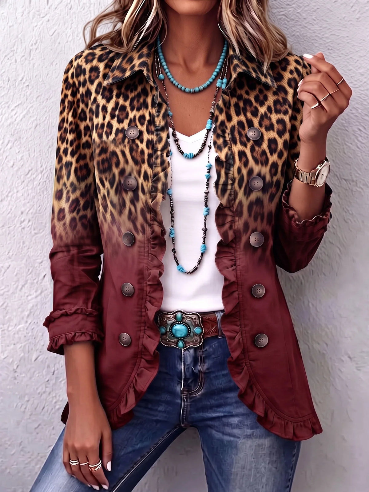 Cinzia | Chaqueta blazer de leopardo burdeos con volantes