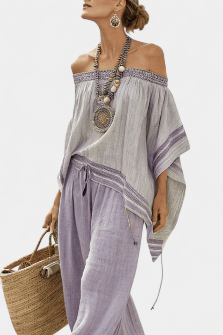 Zandrel | Conjunto de elegante top con hombros descubiertos y pantalones anchos a rayas