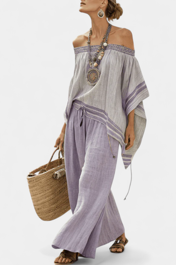 Zandrel | Conjunto de elegante top con hombros descubiertos y pantalones anchos a rayas
