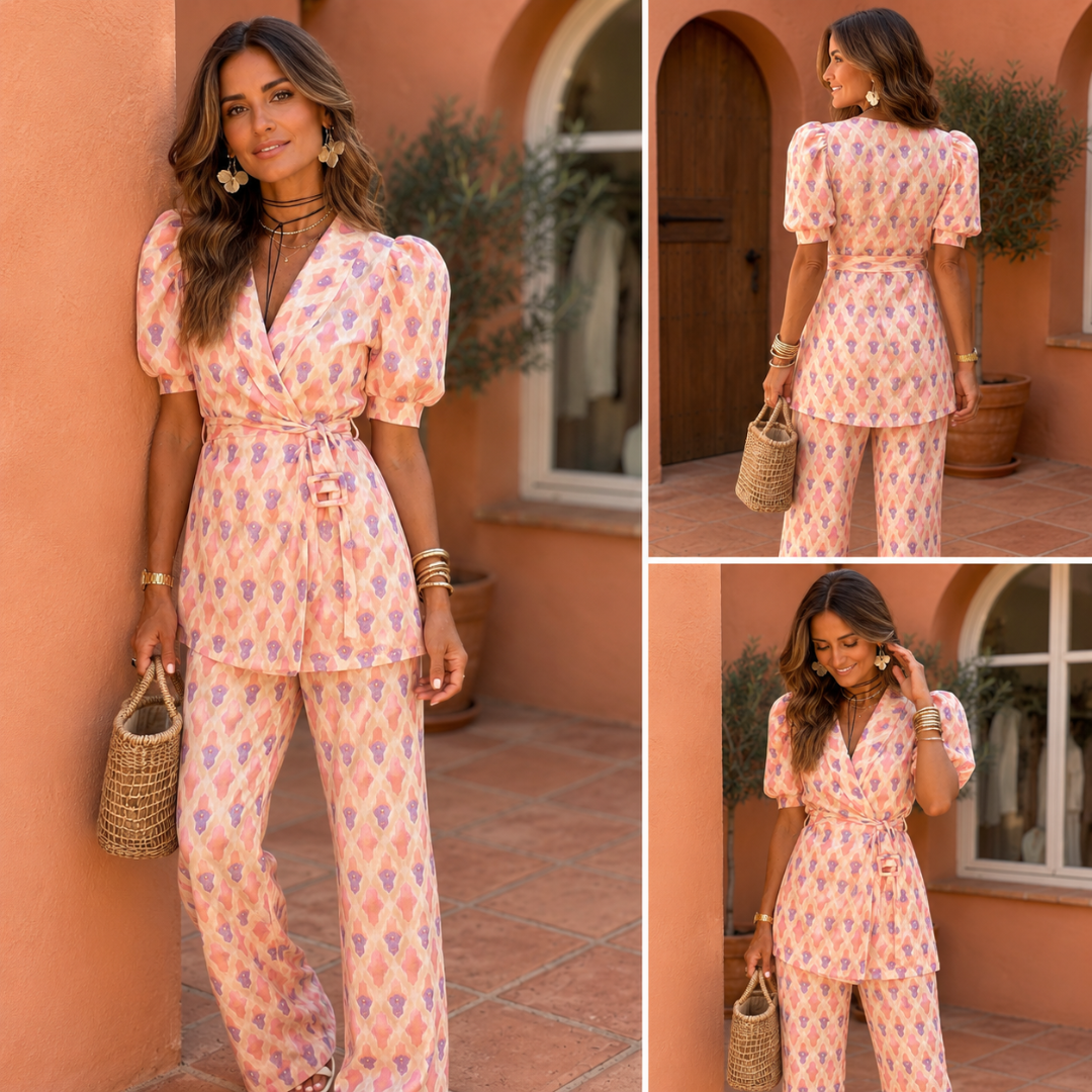 Araceli | Conjunto estampado con americana y pantalón de campana