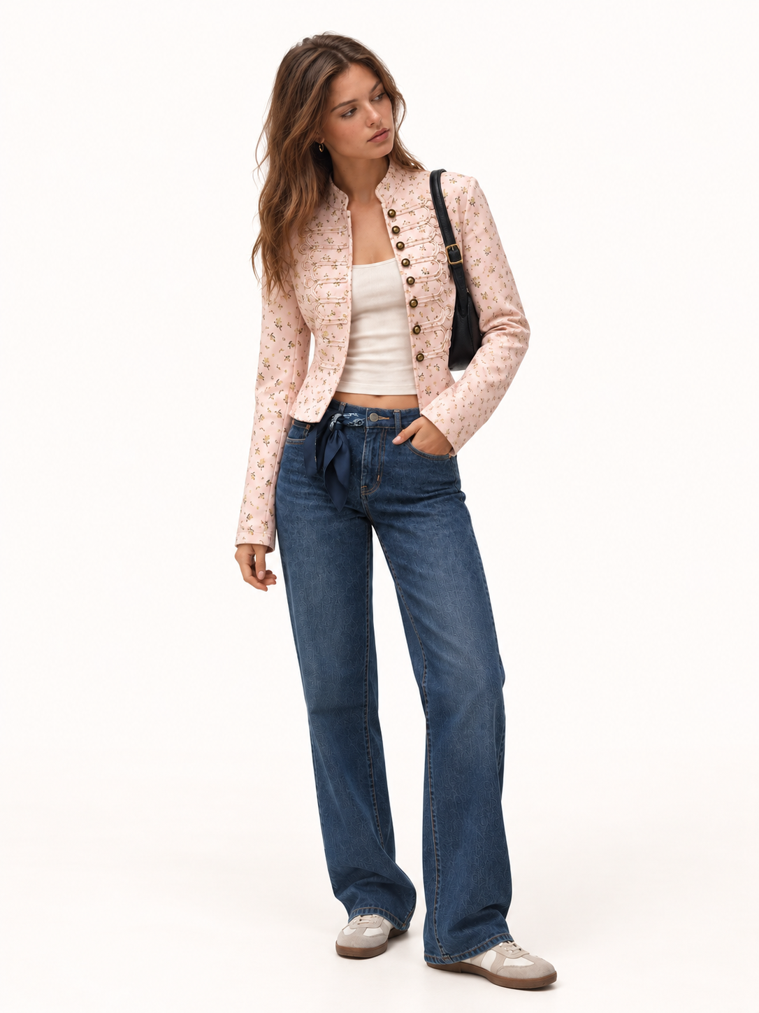 Chaqueta Napoleón con cuello mao y estampado floral discreto