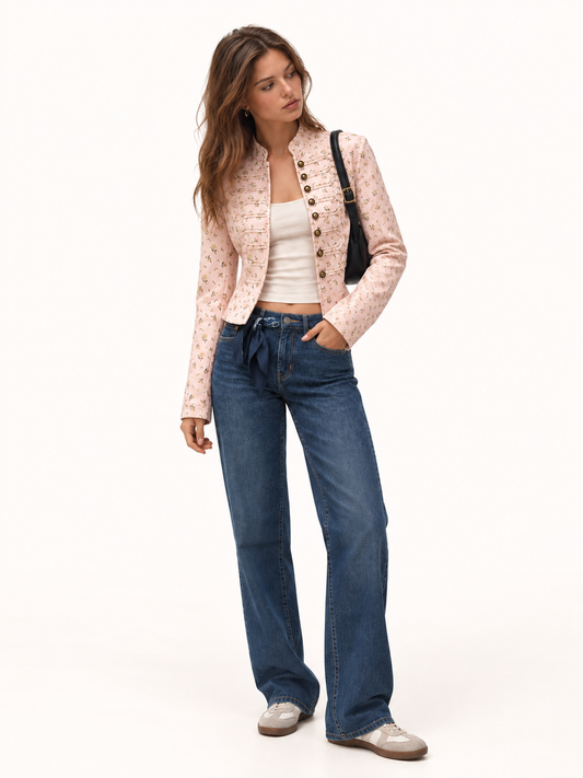 Chaqueta Napoleón con cuello mao y estampado floral discreto