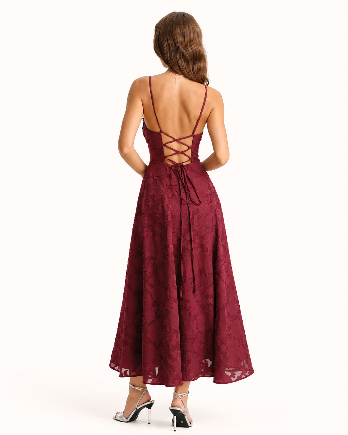 Vestido Laura largo sin tirantes de jacquard color rojo vino
