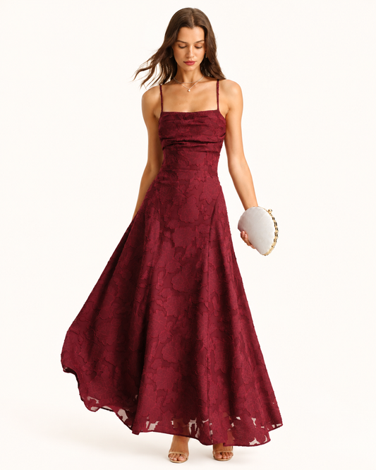 Vestido Laura largo sin tirantes de jacquard color rojo vino