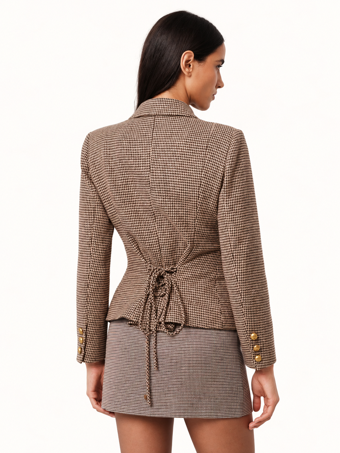 Blazer Juliana ajustado con espalda con cordones y estampado de pata de gallo.