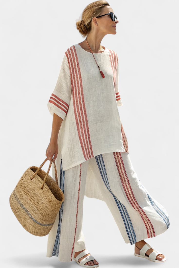Solvane | Conjunto de sofisticado top de rayas multicolor y pantalón mediterráneo