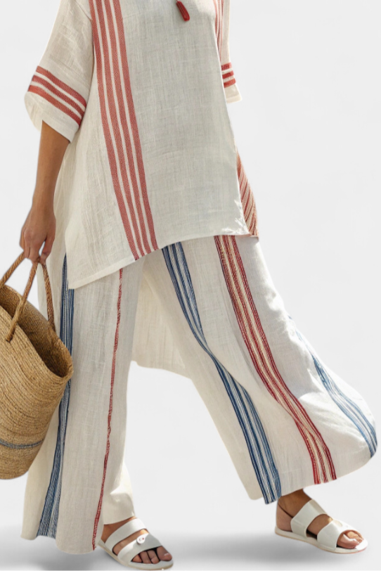 Solvane | Conjunto de sofisticado top de rayas multicolor y pantalón mediterráneo