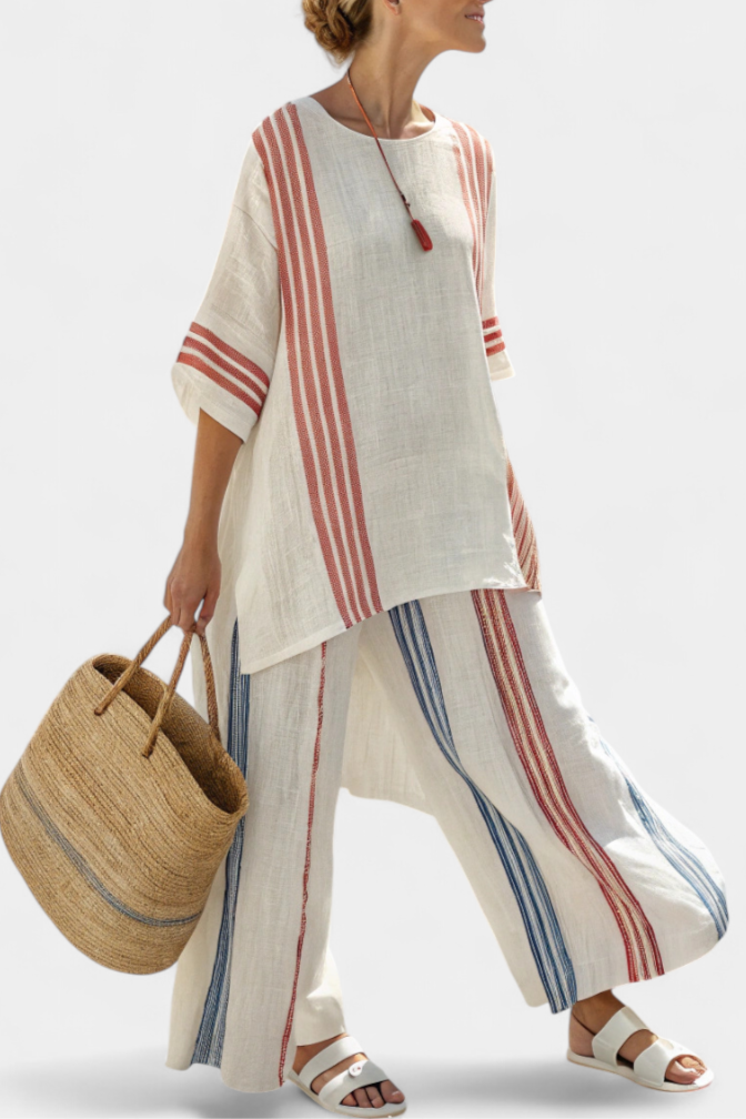Solvane | Conjunto de sofisticado top de rayas multicolor y pantalón mediterráneo