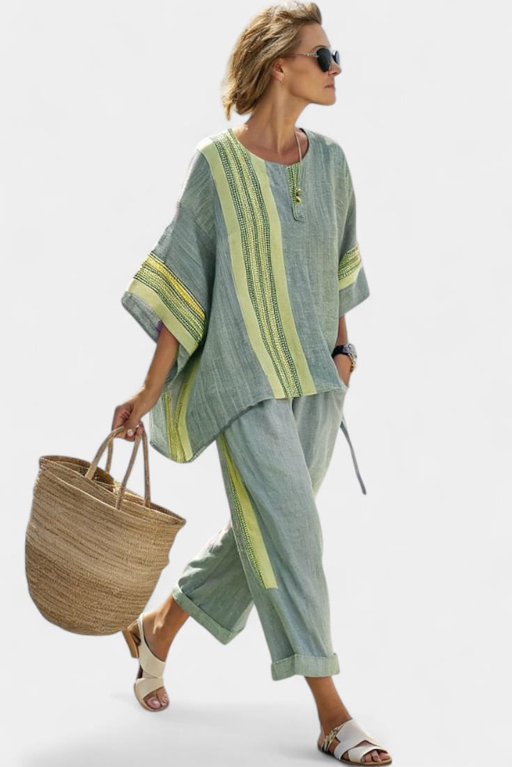 Elowric | Conjunto de elegante top lavanda y pantalones de rayas mostaza