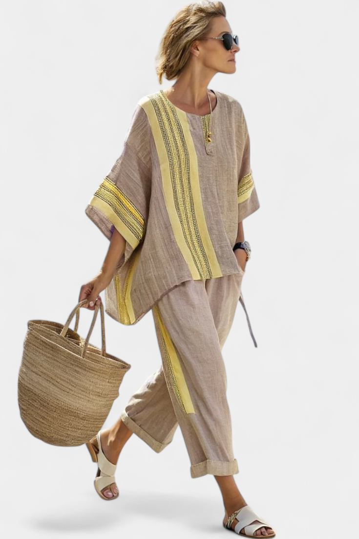 Elowric | Conjunto de elegante top lavanda y pantalones de rayas mostaza