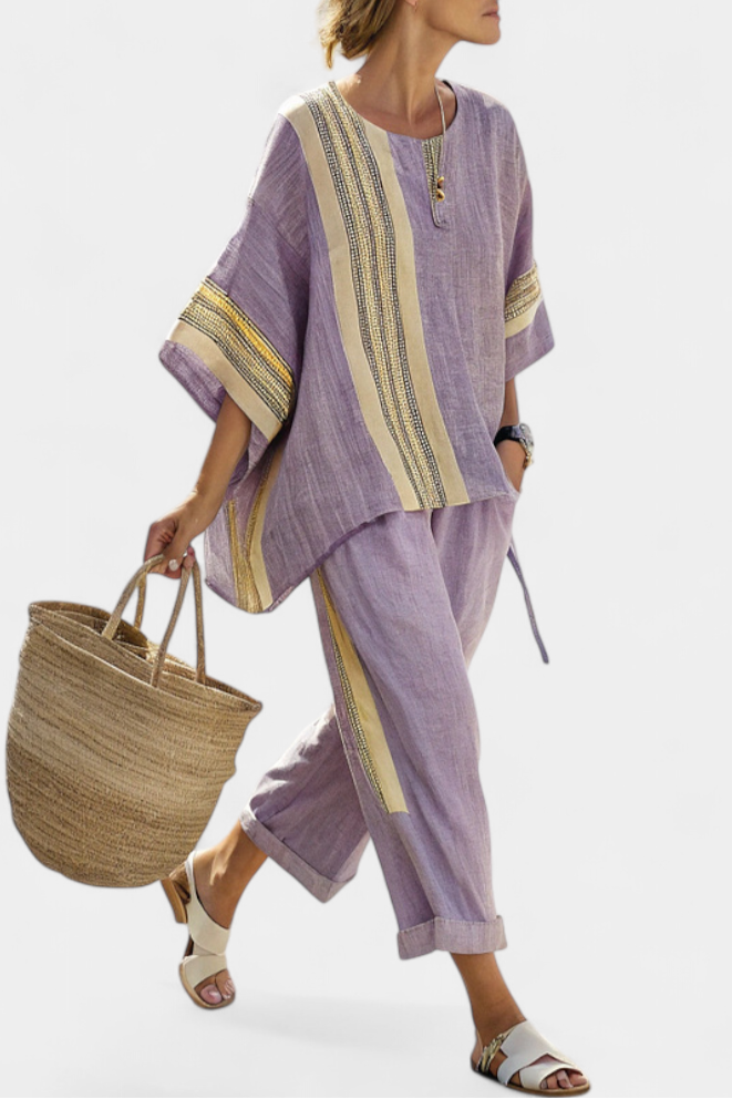 Elowric | Conjunto de elegante top lavanda y pantalones de rayas mostaza