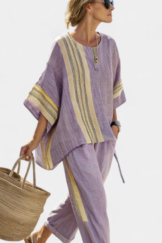 Elowric | Conjunto de elegante top lavanda y pantalones de rayas mostaza
