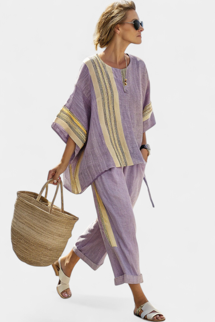 Elowric | Conjunto de elegante top lavanda y pantalones de rayas mostaza