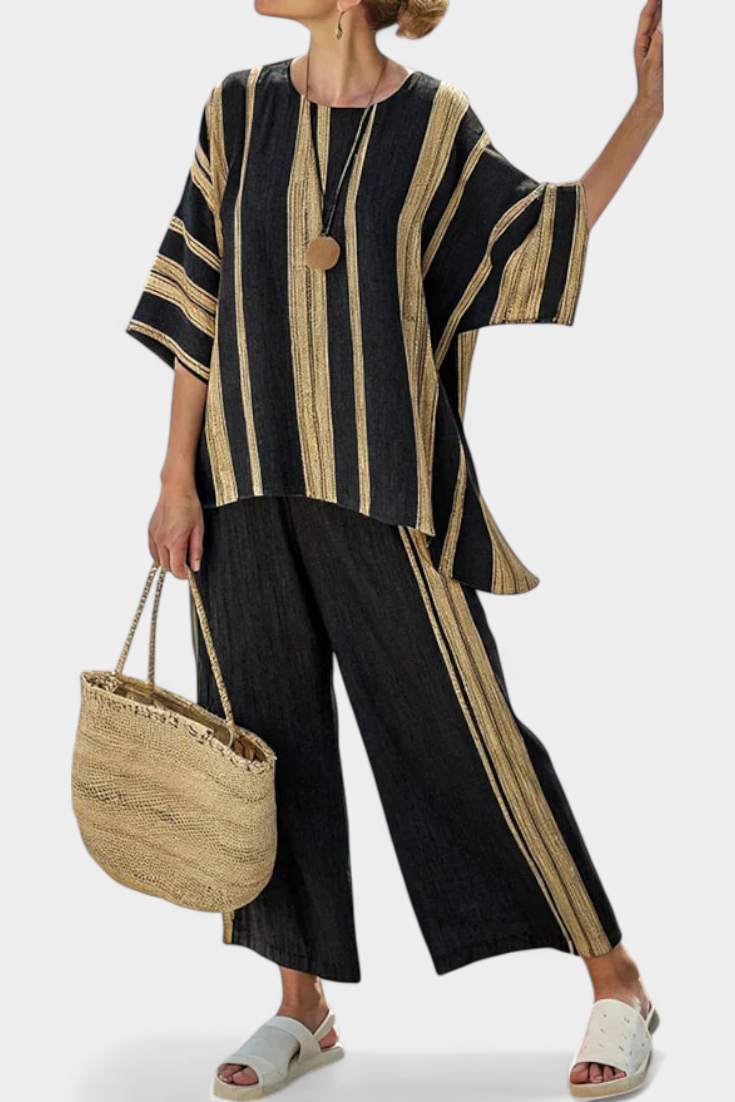 Calden | Conjunto de top cómodo de rayas y corte oversize y pantalones holgados de lino