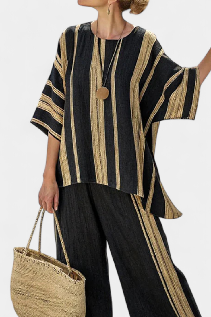 Calden | Conjunto de top cómodo de rayas y corte oversize y pantalones holgados de lino