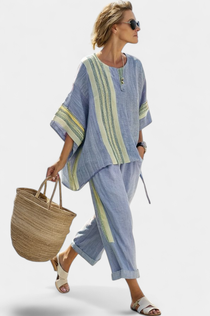 Elowric | Conjunto de elegante top lavanda y pantalones de rayas mostaza