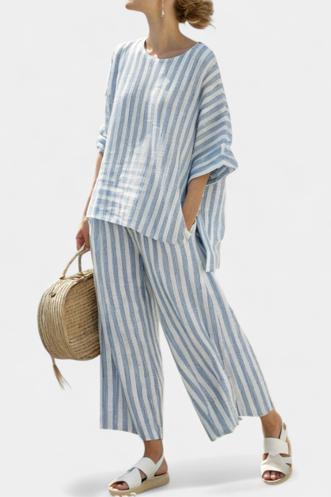 Rensleigh | Conjunto de top sofisticado de lino a rayas azules y pantalones holgados