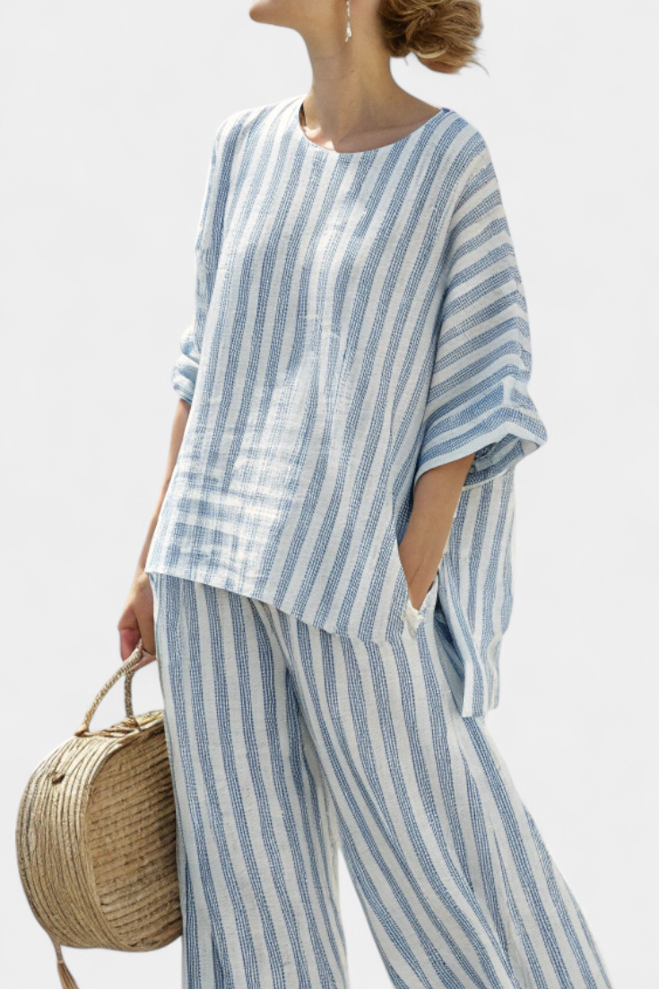 Rensleigh | Conjunto de top sofisticado de lino a rayas azules y pantalones holgados