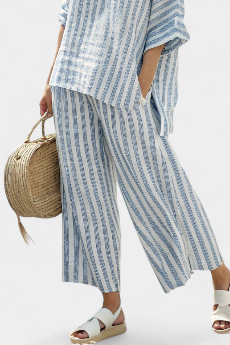Rensleigh | Conjunto de top sofisticado de lino a rayas azules y pantalones holgados