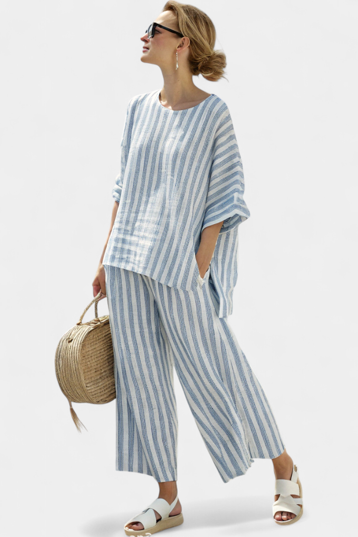 Rensleigh | Conjunto de top sofisticado de lino a rayas azules y pantalones holgados
