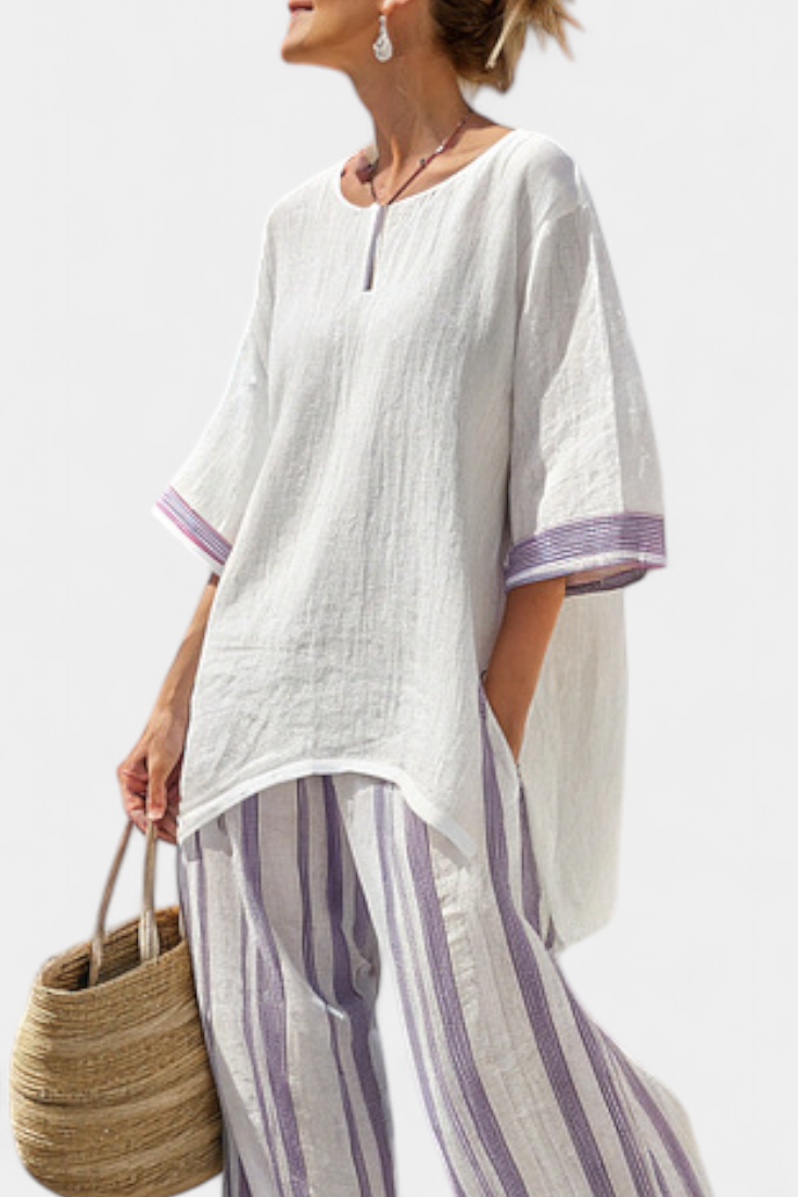 Luxmere | Conjunto de blusa cómoda y holgada y pantalones de bambú a rayas