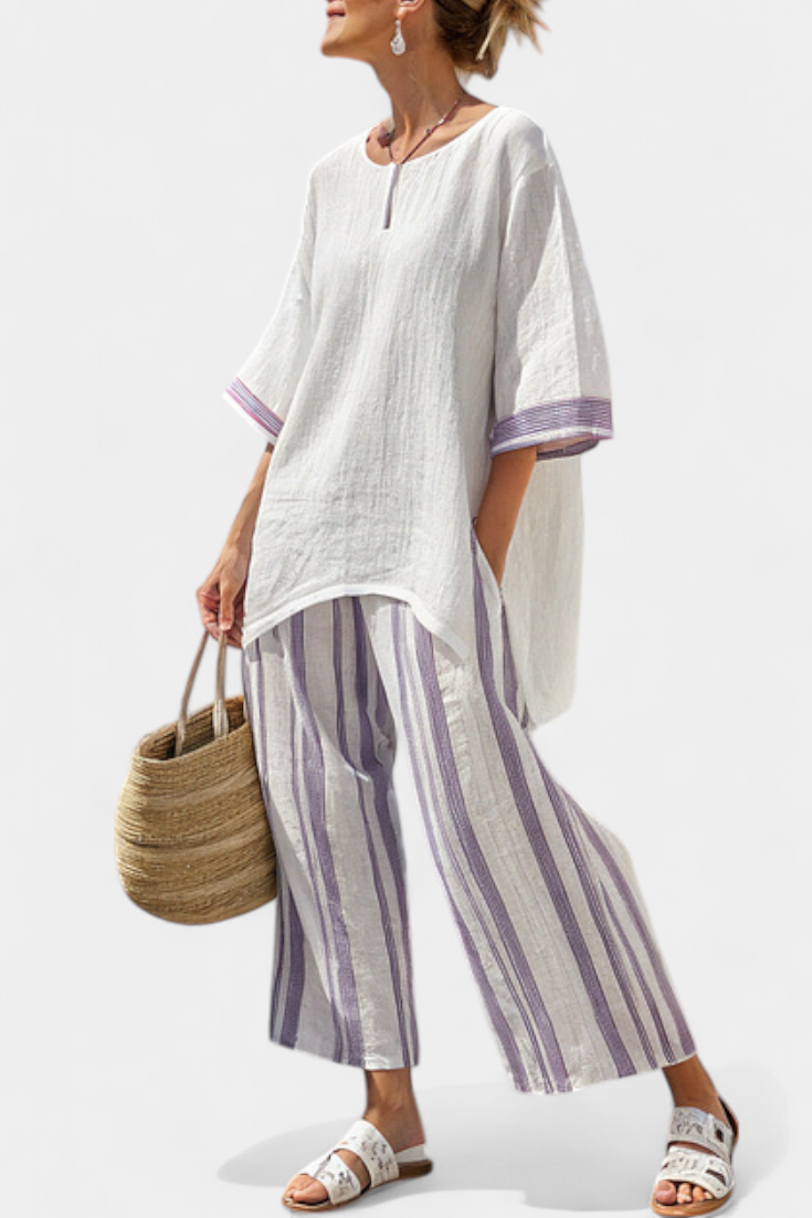 Luxmere | Conjunto de blusa cómoda y holgada y pantalones de bambú a rayas