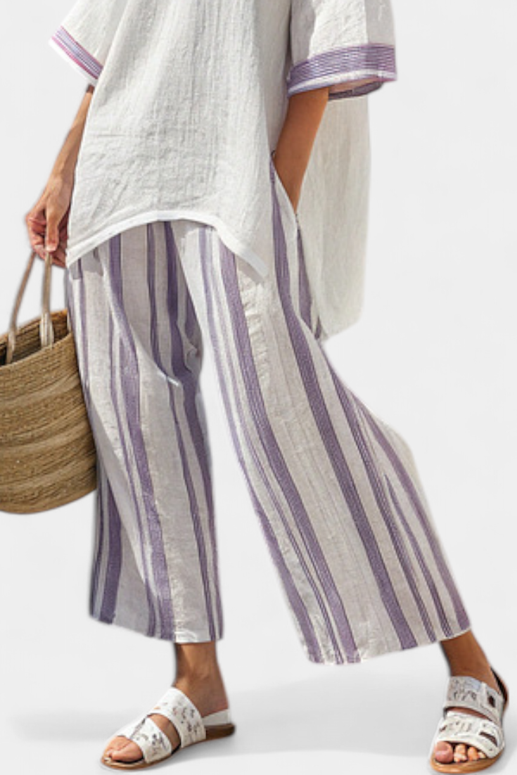 Luxmere | Conjunto de blusa cómoda y holgada y pantalones de bambú a rayas