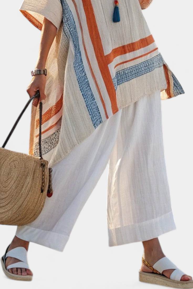 Caevan | Conjunto de blusa asimétrica sofisticada y pantalón ancho de lino