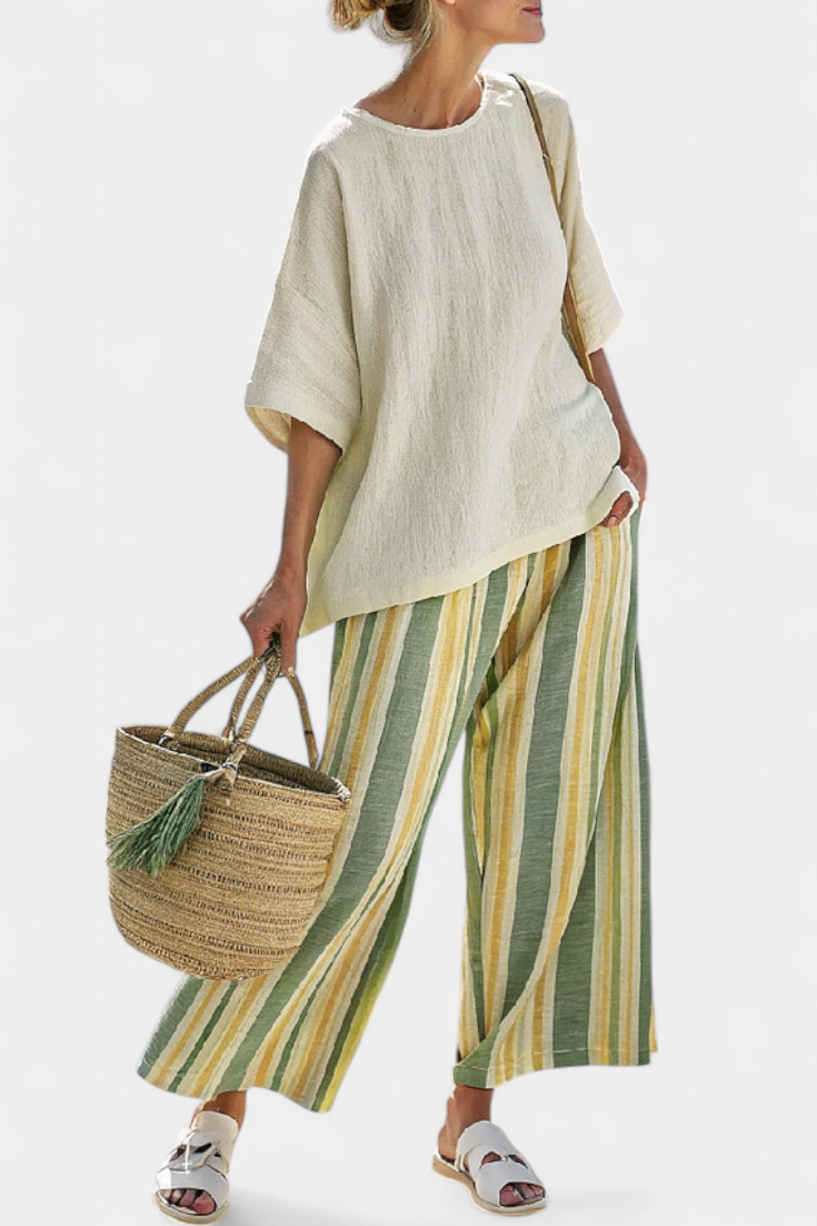 Ellowyn | Conjunto de top sofisticado y pantalones de lino a rayas