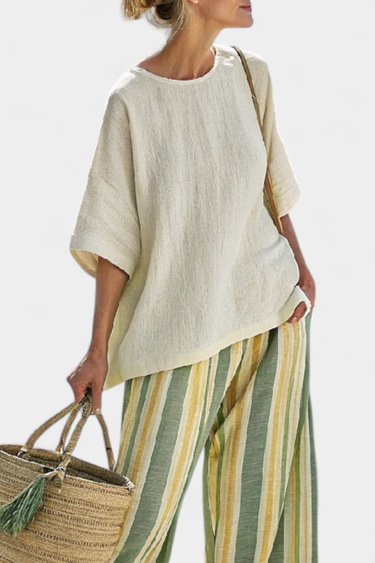 Ellowyn | Conjunto de top sofisticado y pantalones de lino a rayas