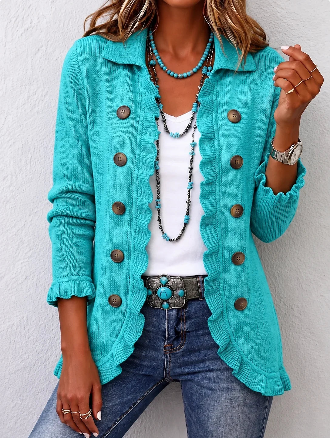 Carmela | Chaqueta de punto turquesa con volantes