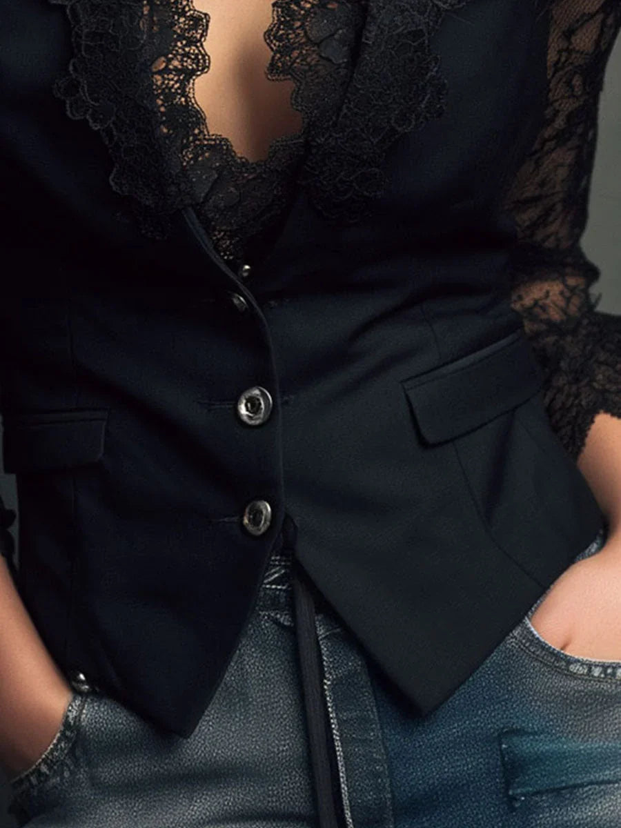 Noémie | Top blazer negro con mangas semitransparentes