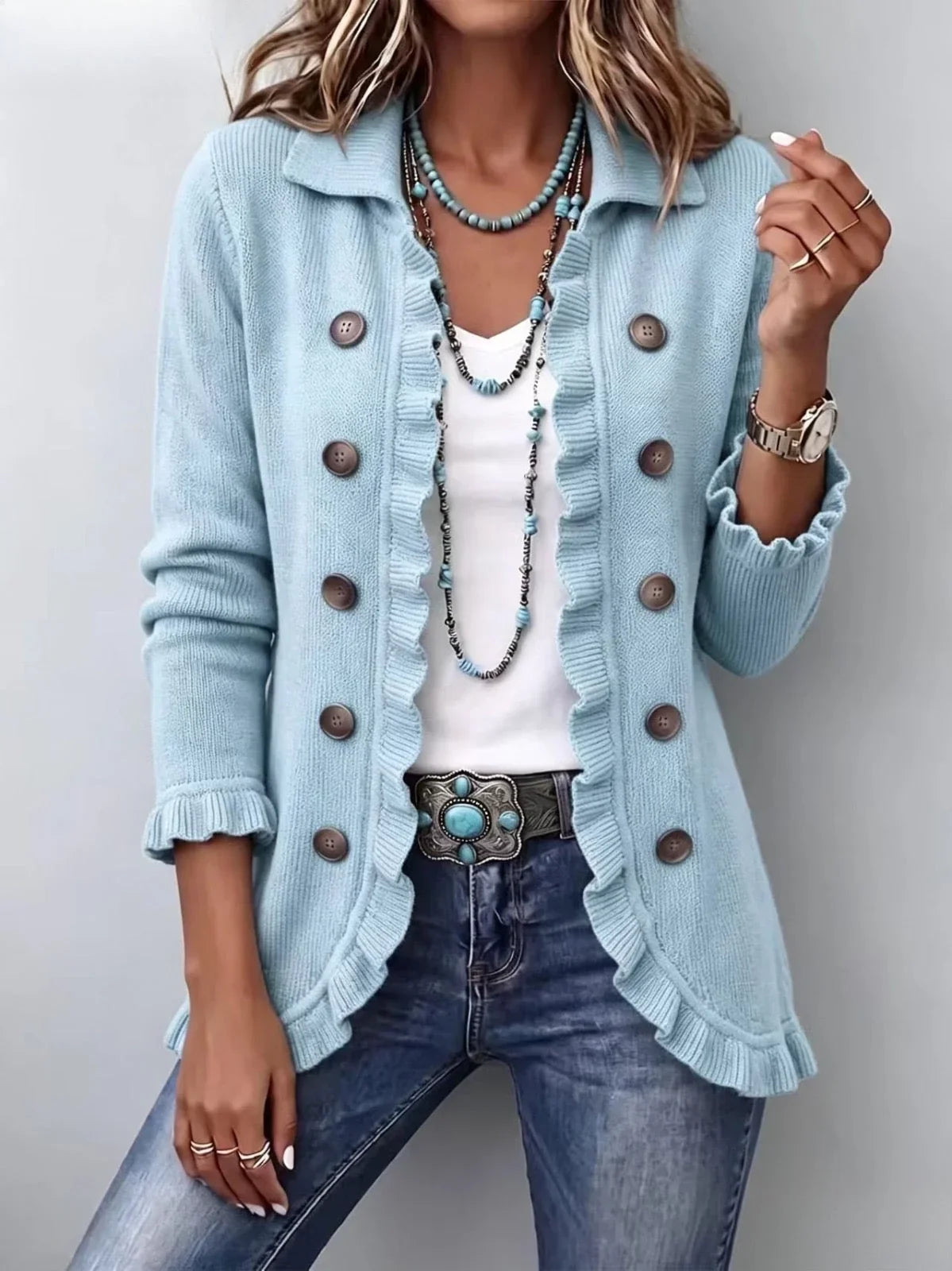 Lucia | Chaqueta de punto azul empolvado con volantes
