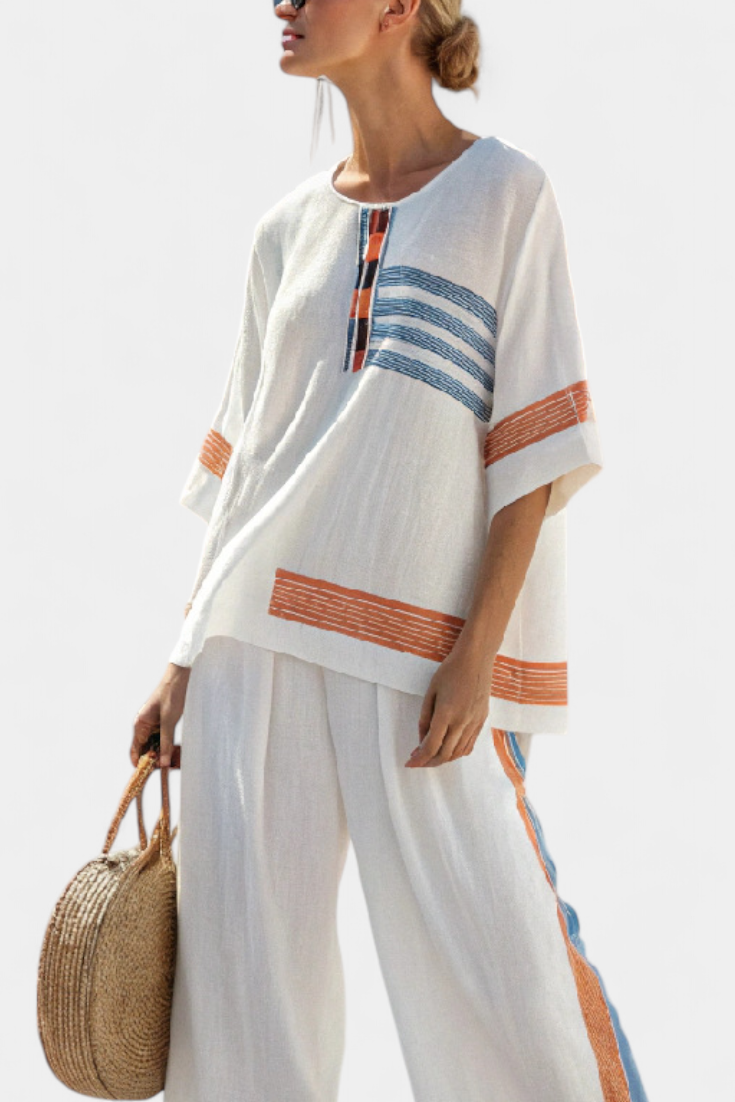 Marcellin | Conjunto de sofisticado top y pantalón de rayas azul-naranja