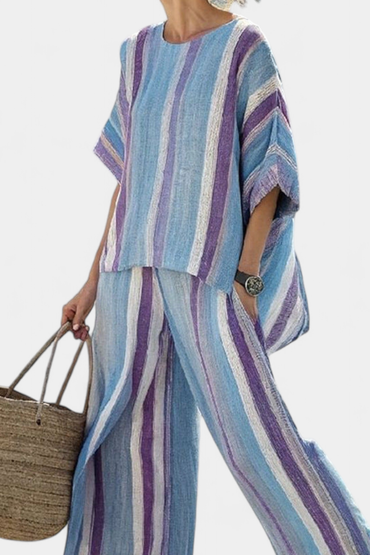 Faelith | Conjunto de elegante top malva pastel y pantalones de lino a rayas