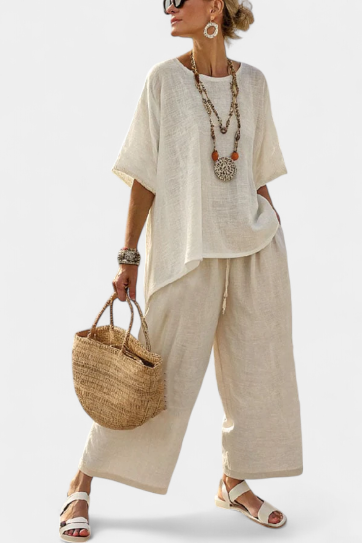 Drevon | Conjunto de cómoda blusa minimalista y pantalón ancho