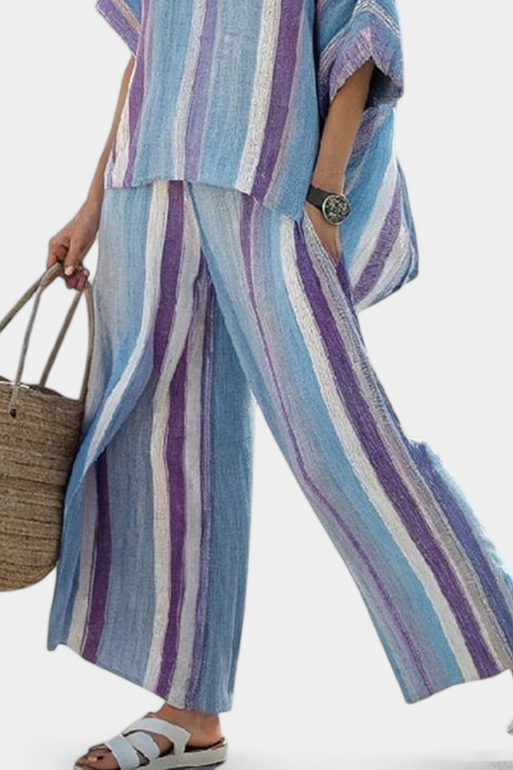 Faelith | Conjunto de elegante top malva pastel y pantalones de lino a rayas