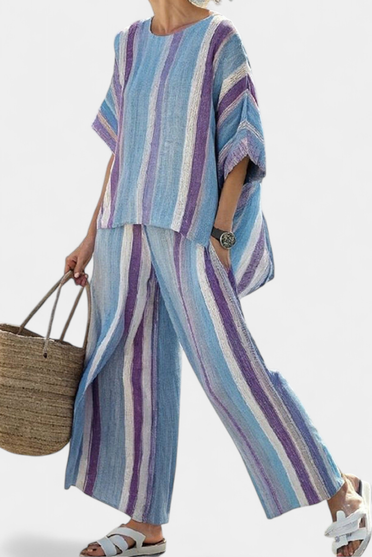 Faelith | Conjunto de elegante top malva pastel y pantalones de lino a rayas