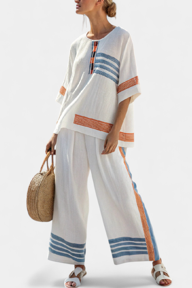 Marcellin | Conjunto de sofisticado top y pantalón de rayas azul-naranja