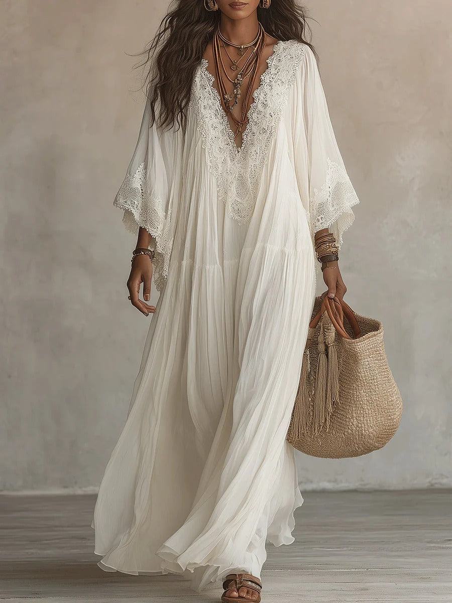 Adelaida | Vestido largo de gasa marfil con manga murciélago y encaje blanco