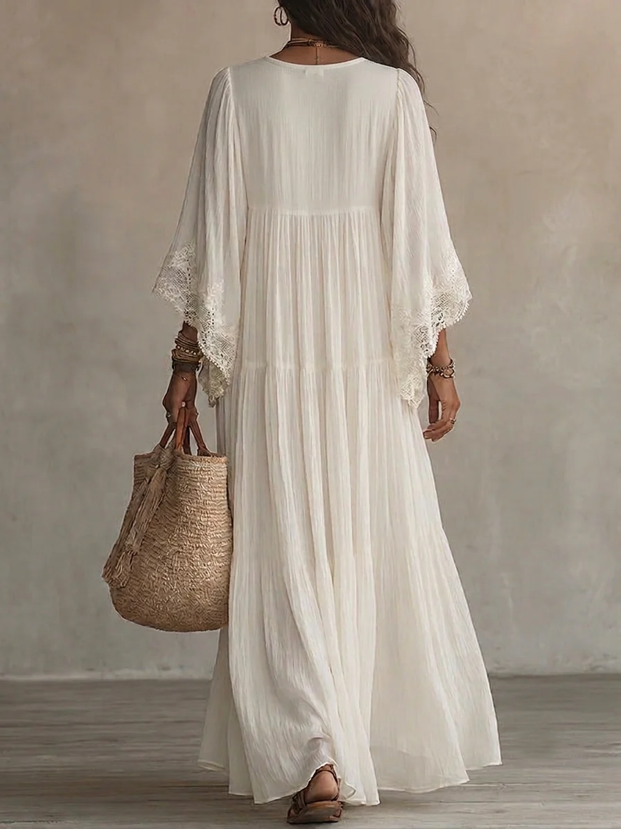 Adelaida | Vestido largo de gasa marfil con manga murciélago y encaje blanco