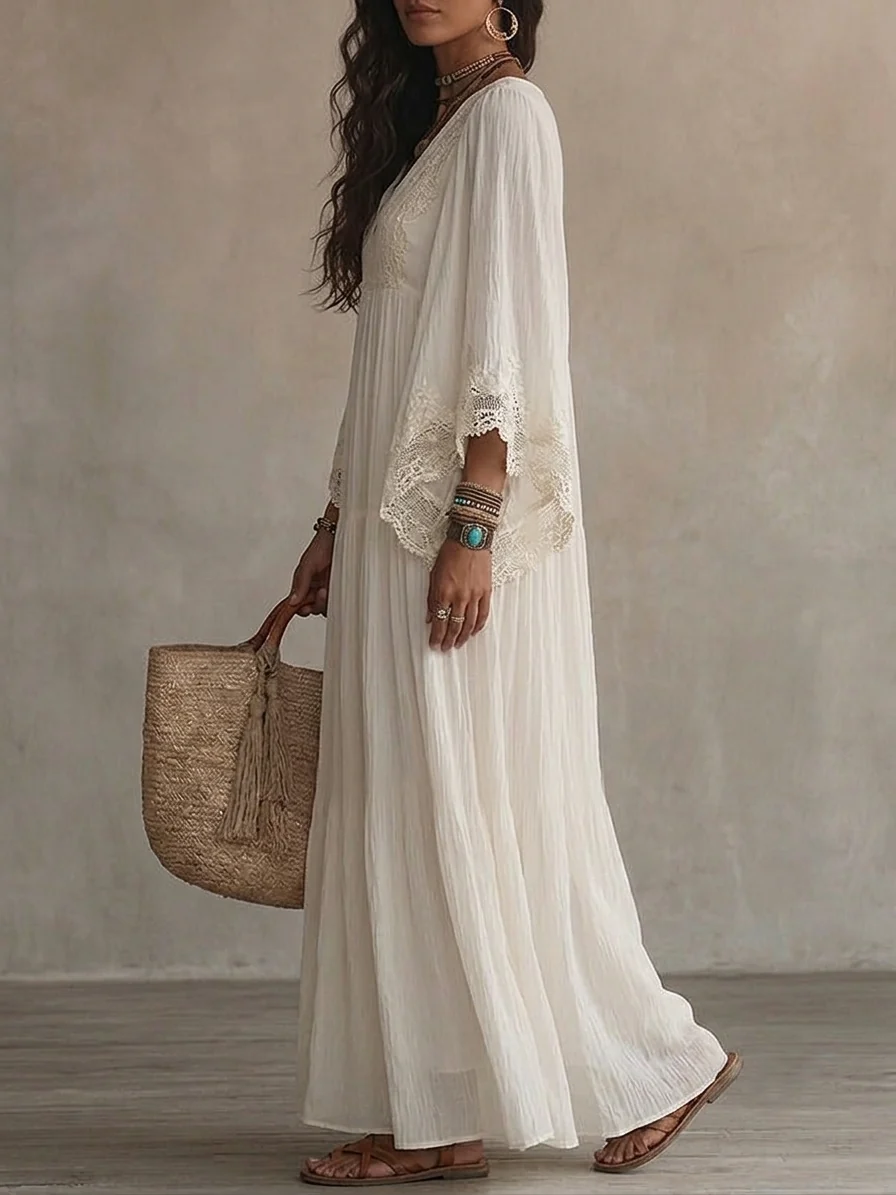 Adelaida | Vestido largo de gasa marfil con manga murciélago y encaje blanco
