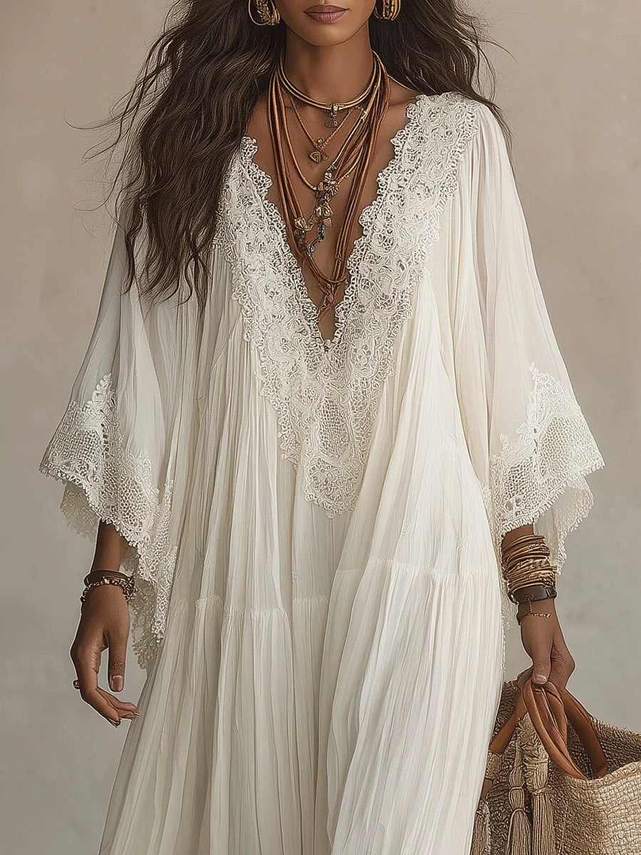 Adelaida | Vestido largo de gasa marfil con manga murciélago y encaje blanco